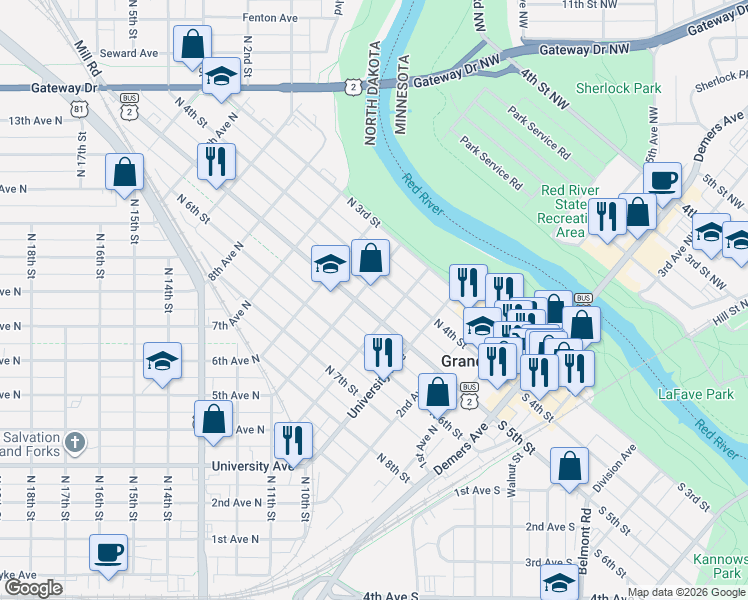 map of restaurants, bars, coffee shops, grocery stores, and more near 411 North 5th Street in Grand Forks