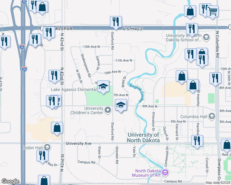 map of restaurants, bars, coffee shops, grocery stores, and more near 3517 7th Avenue North in Grand Forks
