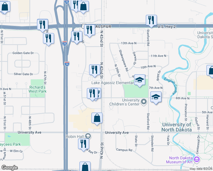 map of restaurants, bars, coffee shops, grocery stores, and more near 715 North 40th Street in Grand Forks