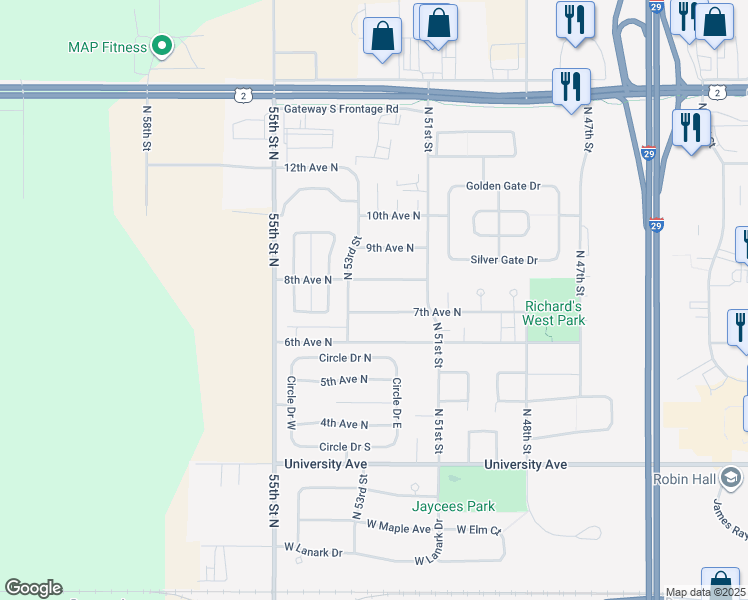 map of restaurants, bars, coffee shops, grocery stores, and more near 5233 7th Ave N in Grand Forks