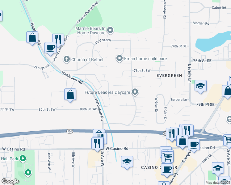 map of restaurants, bars, coffee shops, grocery stores, and more near 306 78th Place Southwest in Everett