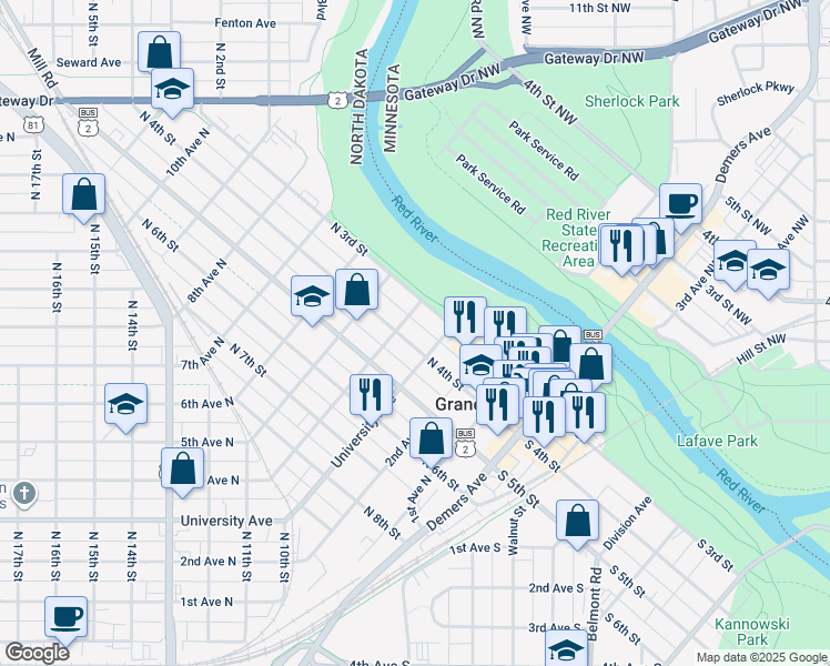 map of restaurants, bars, coffee shops, grocery stores, and more near in Grand Forks