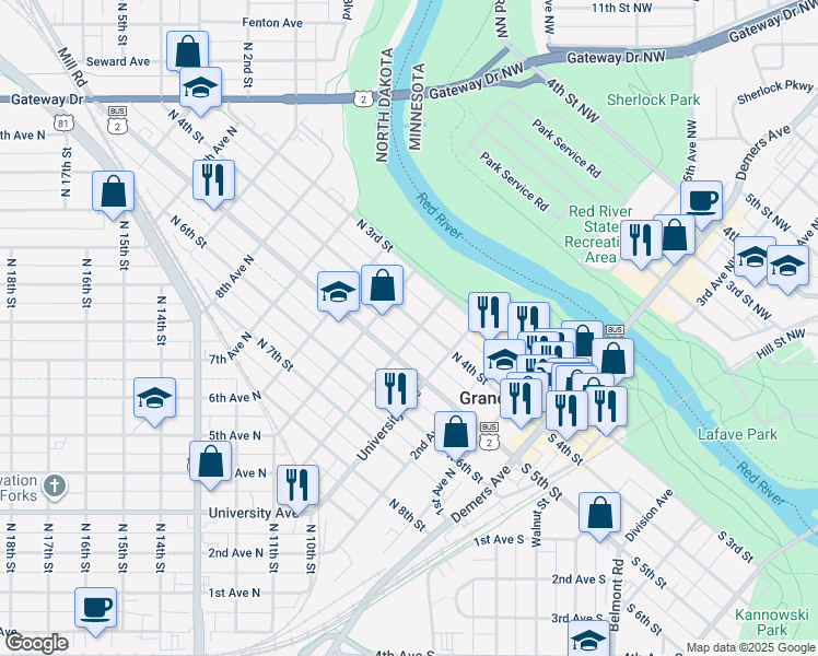 map of restaurants, bars, coffee shops, grocery stores, and more near 316 North 5th Street in Grand Forks