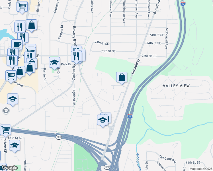 map of restaurants, bars, coffee shops, grocery stores, and more near 7807 Grant Drive in Everett