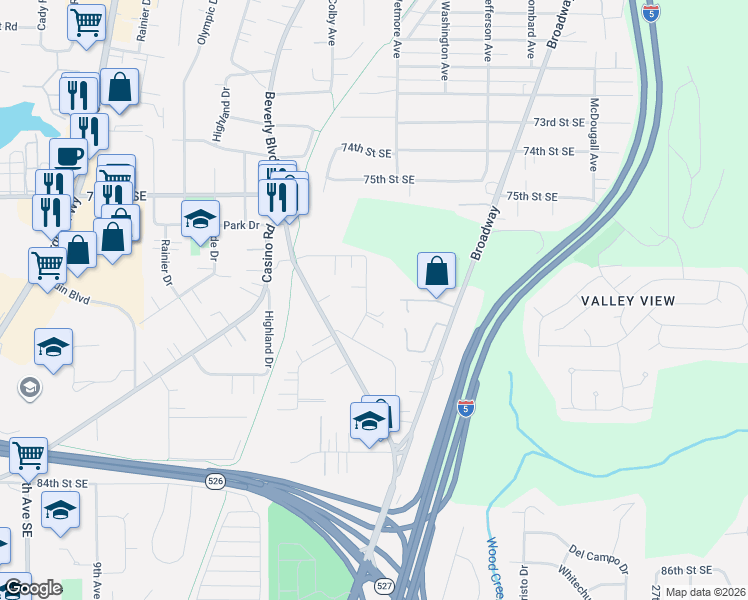 map of restaurants, bars, coffee shops, grocery stores, and more near 7807 Grant Drive in Everett