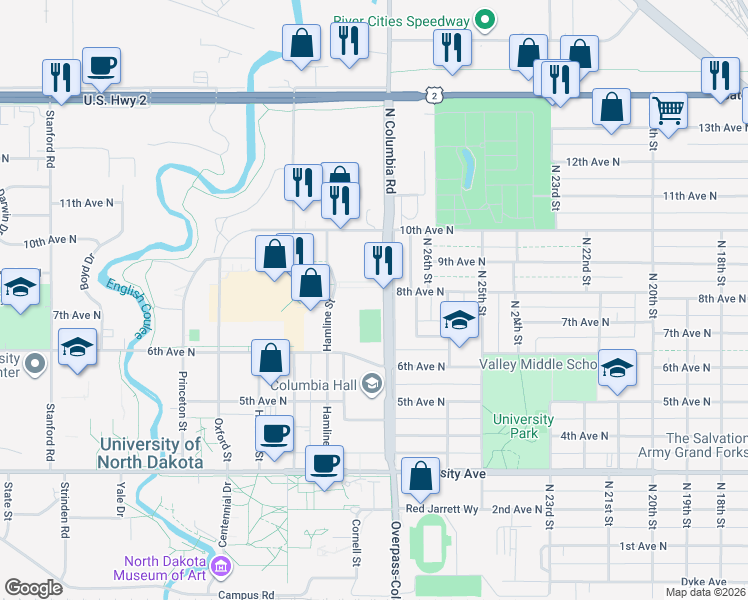 map of restaurants, bars, coffee shops, grocery stores, and more near in Grand Forks