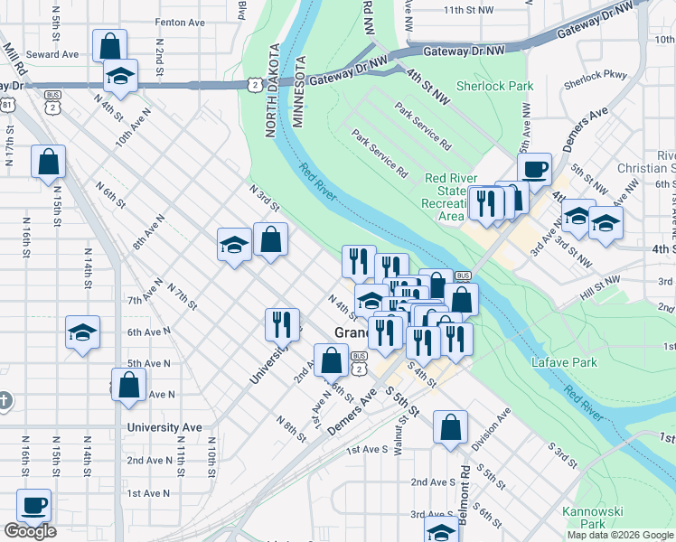 map of restaurants, bars, coffee shops, grocery stores, and more near 301 North 3rd Street in Grand Forks