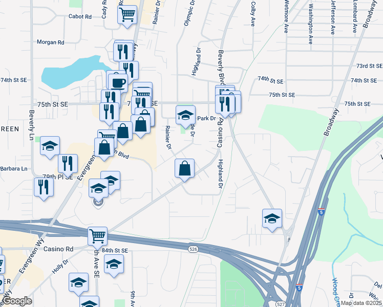 map of restaurants, bars, coffee shops, grocery stores, and more near 7710 Cascade Drive in Everett