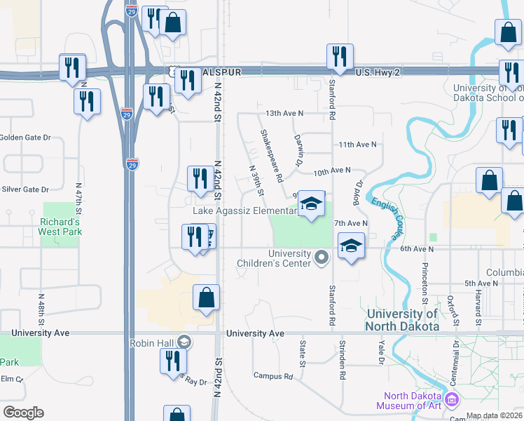 map of restaurants, bars, coffee shops, grocery stores, and more near 1015 North 39th Street in Grand Forks