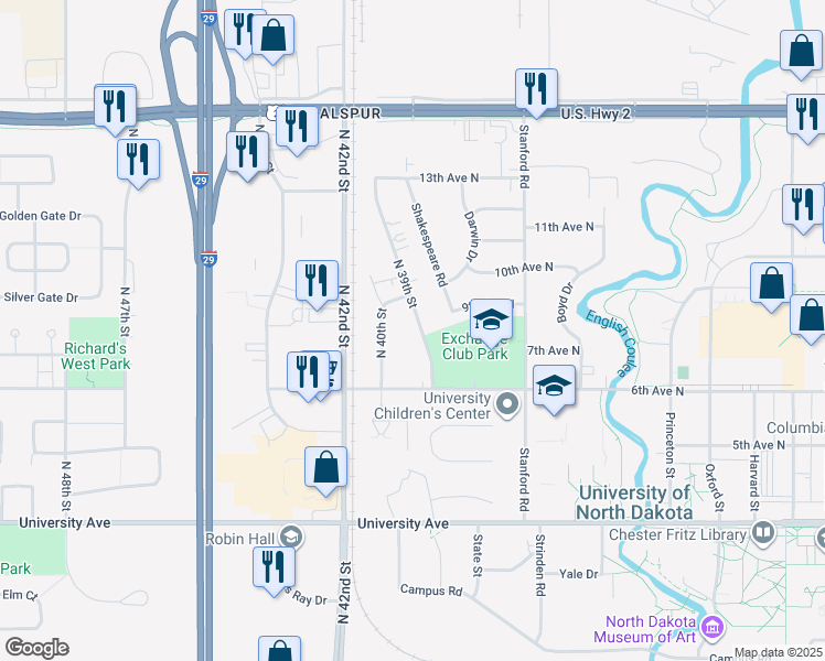 map of restaurants, bars, coffee shops, grocery stores, and more near 1015 North 39th Street in Grand Forks
