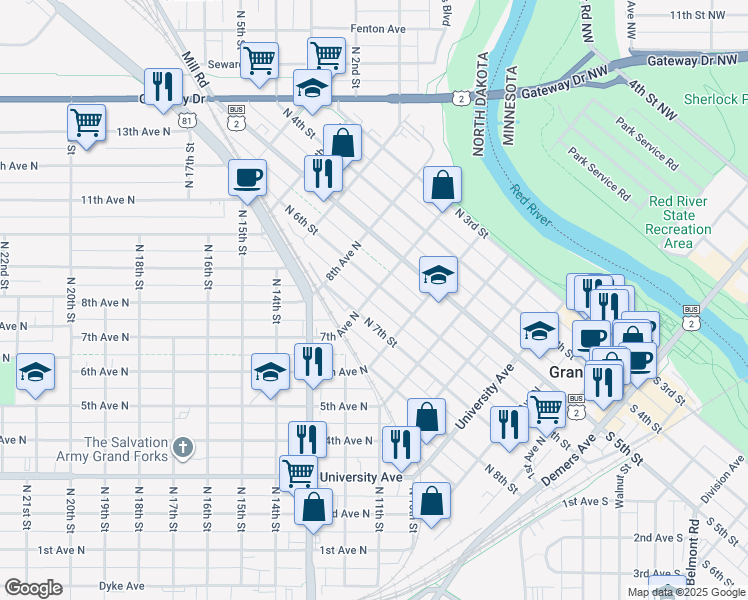 map of restaurants, bars, coffee shops, grocery stores, and more near 709 North 6th Street in Grand Forks