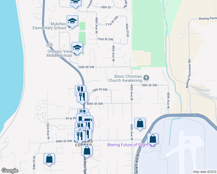 map of restaurants, bars, coffee shops, grocery stores, and more near 4609 78th Place Southwest in Mukilteo