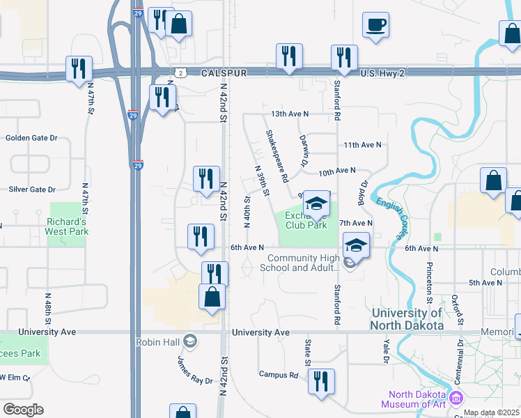 map of restaurants, bars, coffee shops, grocery stores, and more near 815 North 39th Street in Grand Forks