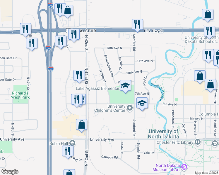 map of restaurants, bars, coffee shops, grocery stores, and more near 818 North 39th Street in Grand Forks