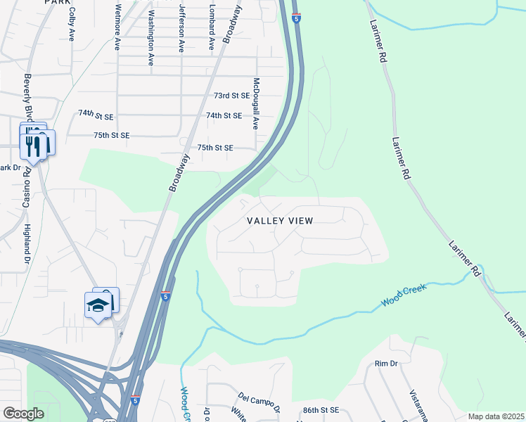 map of restaurants, bars, coffee shops, grocery stores, and more near 7601 Ridgewood Drive in Everett