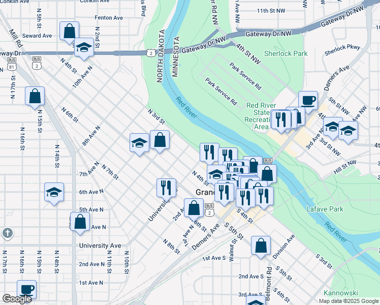 map of restaurants, bars, coffee shops, grocery stores, and more near 322 South 3rd Street in Grand Forks
