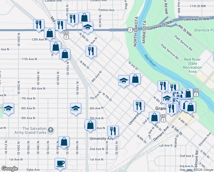 map of restaurants, bars, coffee shops, grocery stores, and more near 709 North 6th Street in Grand Forks