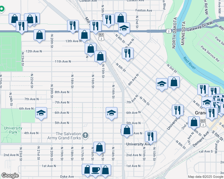 map of restaurants, bars, coffee shops, grocery stores, and more near 1411 9th Avenue North in Grand Forks