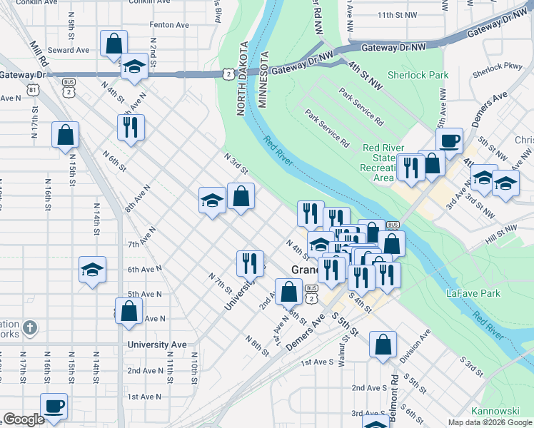 map of restaurants, bars, coffee shops, grocery stores, and more near 315 5th Avenue North in Grand Forks