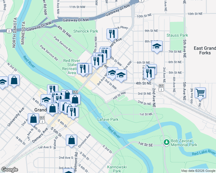 map of restaurants, bars, coffee shops, grocery stores, and more near 223 3rd Street Northwest in East Grand Forks