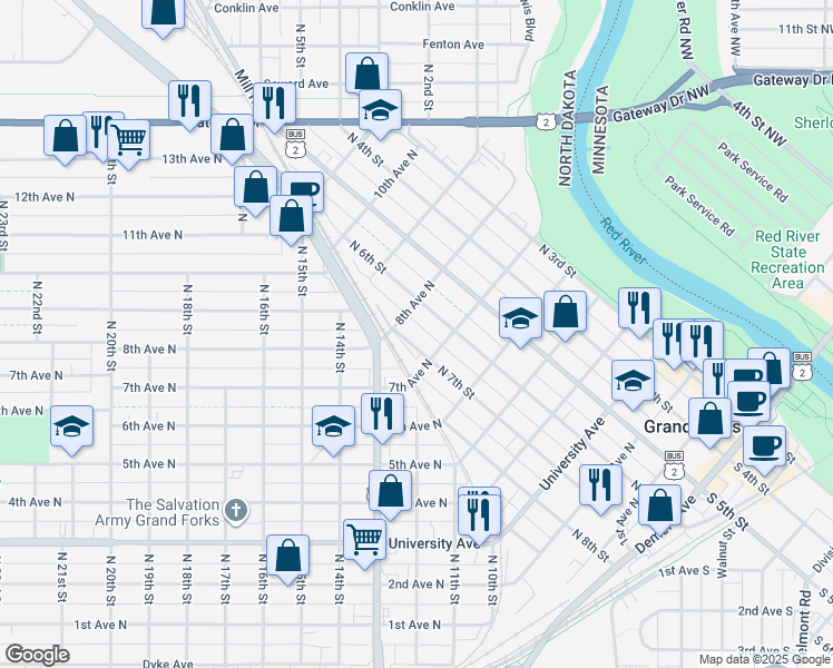 map of restaurants, bars, coffee shops, grocery stores, and more near 612 8th Avenue North in Grand Forks