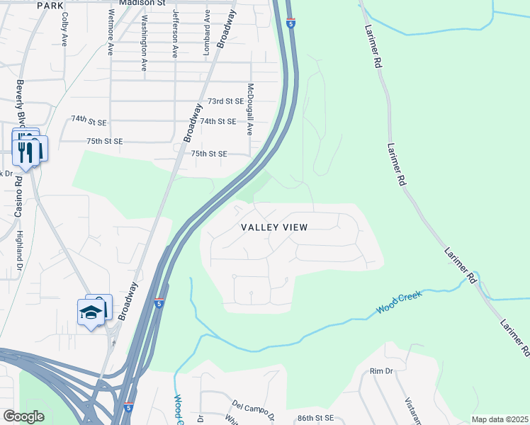 map of restaurants, bars, coffee shops, grocery stores, and more near 7601 Ridgewood Drive in Everett