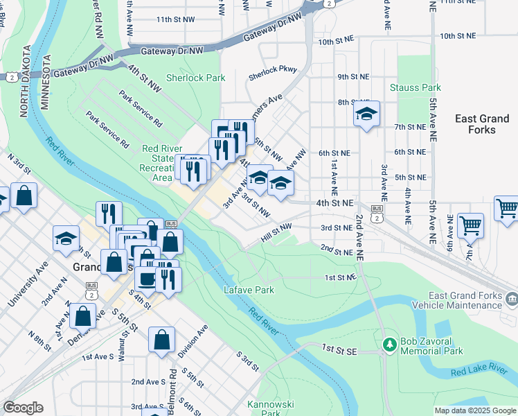 map of restaurants, bars, coffee shops, grocery stores, and more near 122 3rd Street Northwest in East Grand Forks