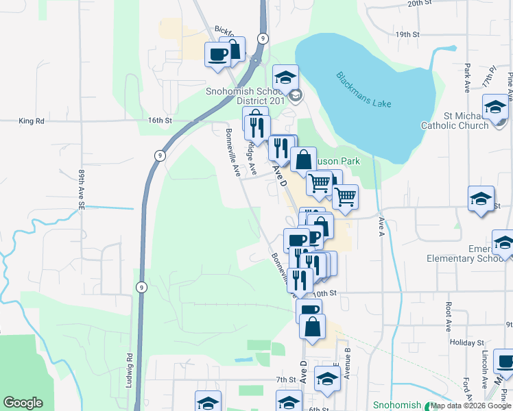 map of restaurants, bars, coffee shops, grocery stores, and more near 1305 Bonneville Avenue in Snohomish