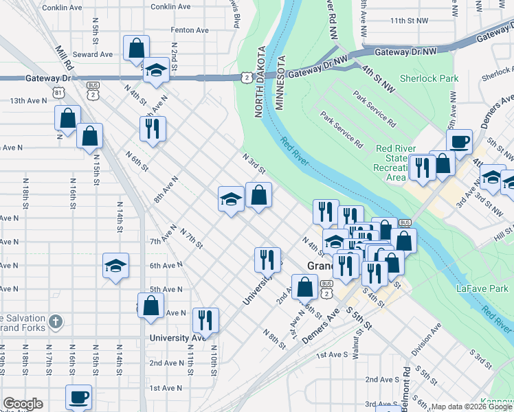 map of restaurants, bars, coffee shops, grocery stores, and more near 509 North 4th Street in Grand Forks