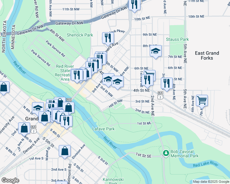 map of restaurants, bars, coffee shops, grocery stores, and more near 117 4th Street Northwest in East Grand Forks