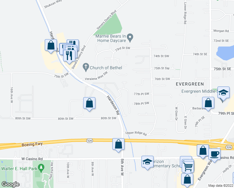 map of restaurants, bars, coffee shops, grocery stores, and more near Unnamed Road in Everett