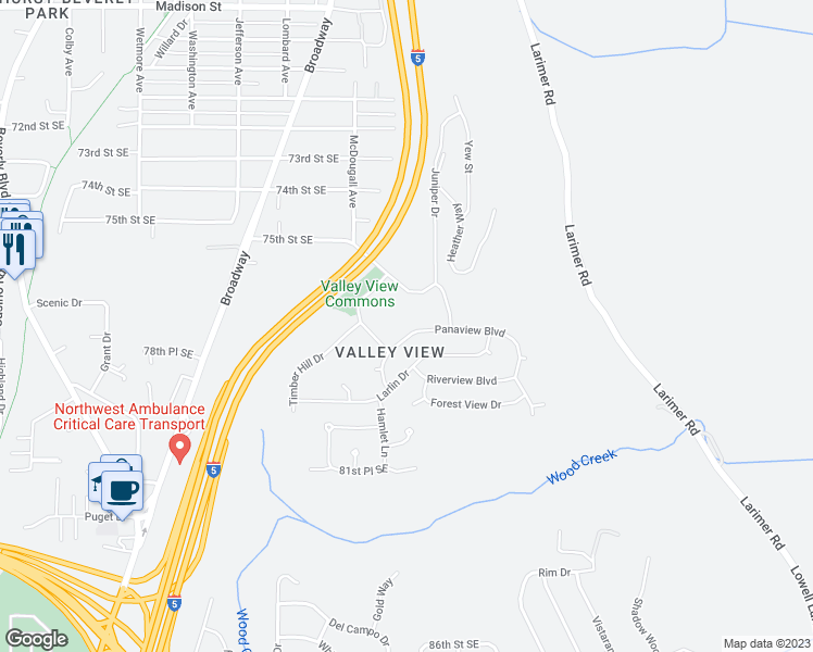 map of restaurants, bars, coffee shops, grocery stores, and more near 2619 Panaview Boulevard in Everett