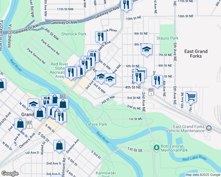 map of restaurants, bars, coffee shops, grocery stores, and more near 122 3rd Street Northwest in East Grand Forks