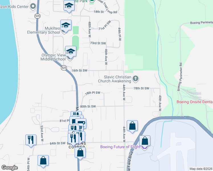 map of restaurants, bars, coffee shops, grocery stores, and more near 7718 45th Place West in Mukilteo