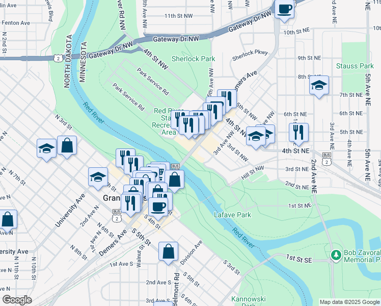 map of restaurants, bars, coffee shops, grocery stores, and more near 163 Demers Avenue in East Grand Forks