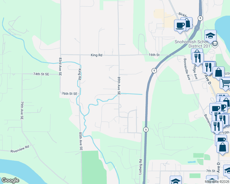 map of restaurants, bars, coffee shops, grocery stores, and more near 7526 89th Avenue Southeast in Snohomish