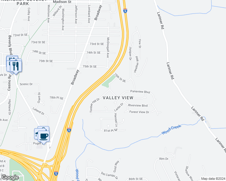 map of restaurants, bars, coffee shops, grocery stores, and more near 7601 Ridgewood Drive in Everett