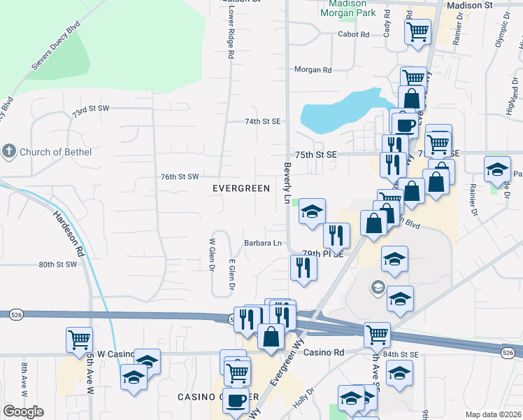 map of restaurants, bars, coffee shops, grocery stores, and more near 7710 Tyee Road in Everett