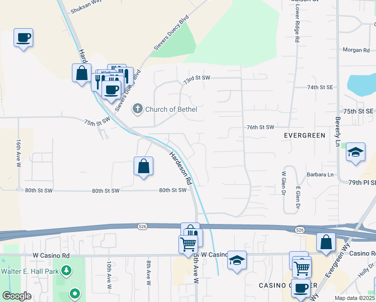 map of restaurants, bars, coffee shops, grocery stores, and more near Unnamed Road in Everett