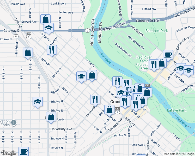 map of restaurants, bars, coffee shops, grocery stores, and more near 315 5th Avenue North in Grand Forks