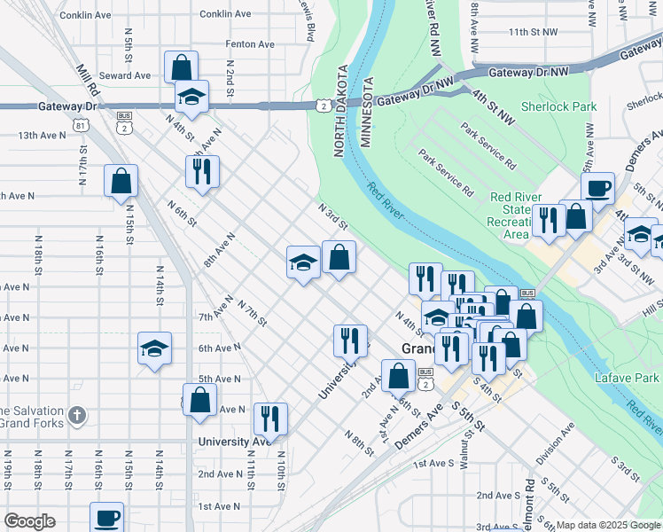 map of restaurants, bars, coffee shops, grocery stores, and more near 509 North 4th Street in Grand Forks