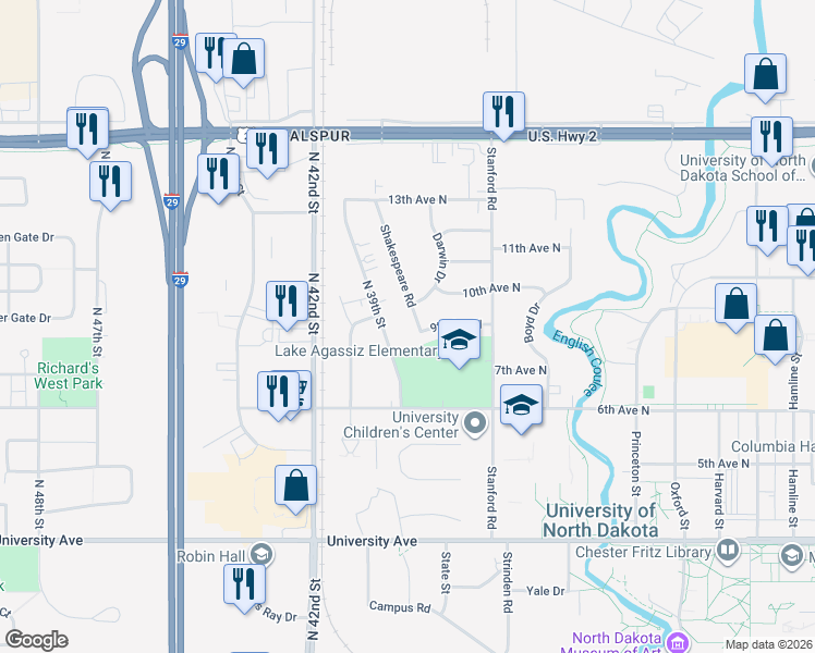 map of restaurants, bars, coffee shops, grocery stores, and more near 911 Shakespeare Road in Grand Forks