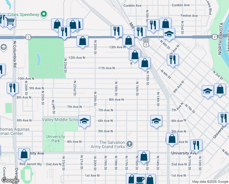 map of restaurants, bars, coffee shops, grocery stores, and more near 1811 9th Avenue North in Grand Forks