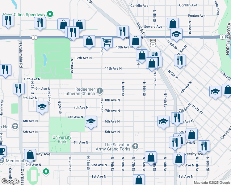 map of restaurants, bars, coffee shops, grocery stores, and more near 1811 9th Avenue North in Grand Forks