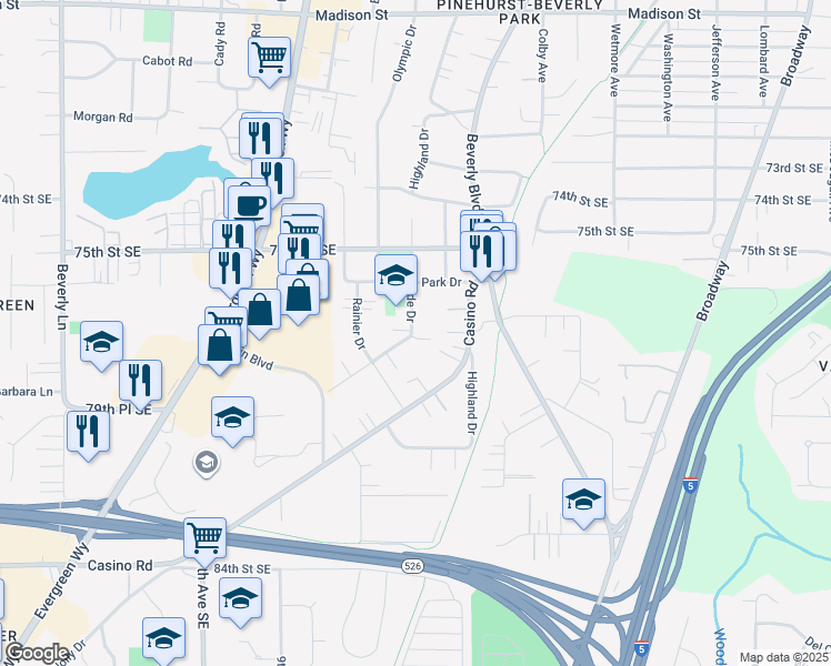 map of restaurants, bars, coffee shops, grocery stores, and more near 7710 Cascade Drive in Everett