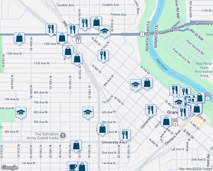 map of restaurants, bars, coffee shops, grocery stores, and more near 699 8th Avenue North in Grand Forks
