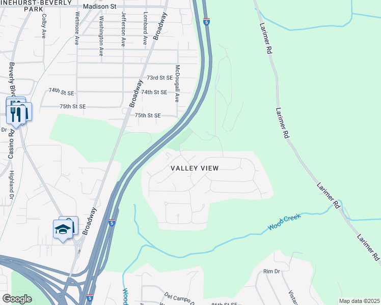 map of restaurants, bars, coffee shops, grocery stores, and more near 7601 Ridgewood Drive in Everett