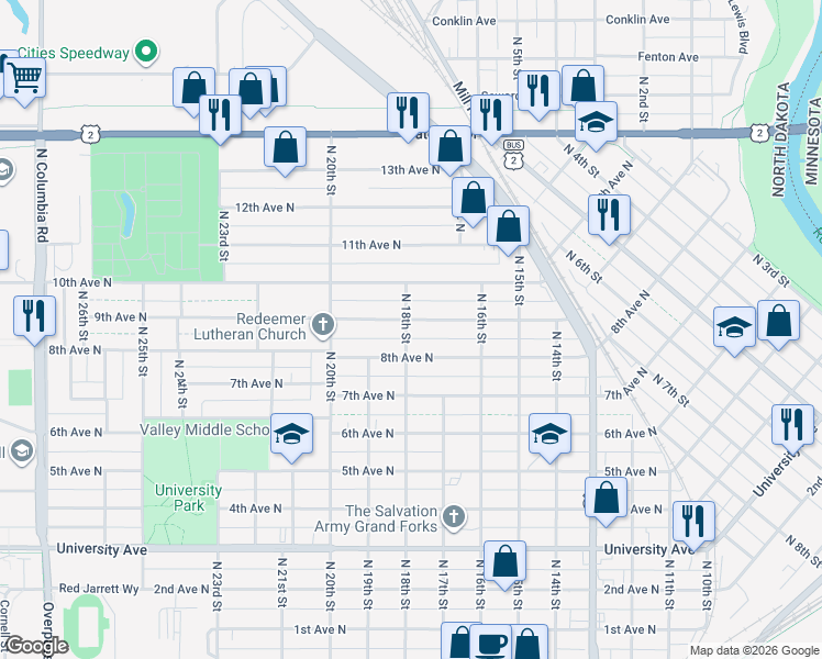 map of restaurants, bars, coffee shops, grocery stores, and more near 1707 9th Avenue North in Grand Forks