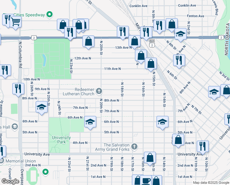 map of restaurants, bars, coffee shops, grocery stores, and more near 1811 9th Avenue North in Grand Forks