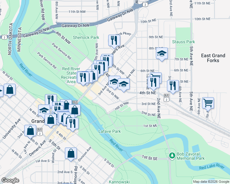 map of restaurants, bars, coffee shops, grocery stores, and more near 200 3rd Street Northwest in East Grand Forks